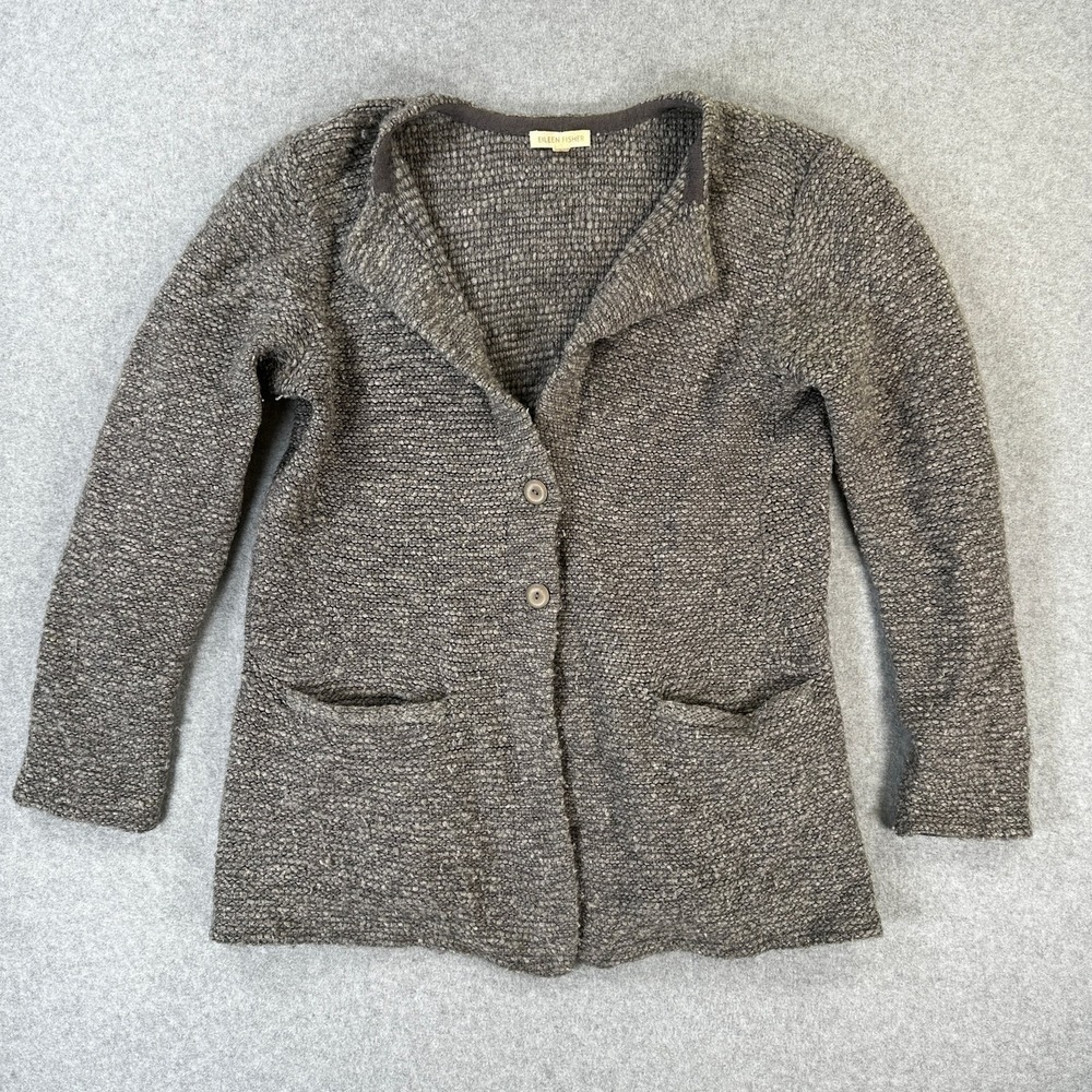 Eileen Fisher Gray Boucle Cardigan Sweater Organic Wool Alpaca Size M